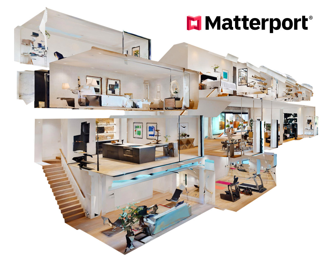 Matterport 3D dollhouse view of a multi-room home, sliced open to show interior layout.